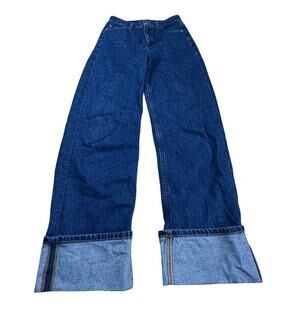 Club Monaco Cuffed Jeans 26 High Rise Wide Leg Oversized 8” Cuff Dark Wash